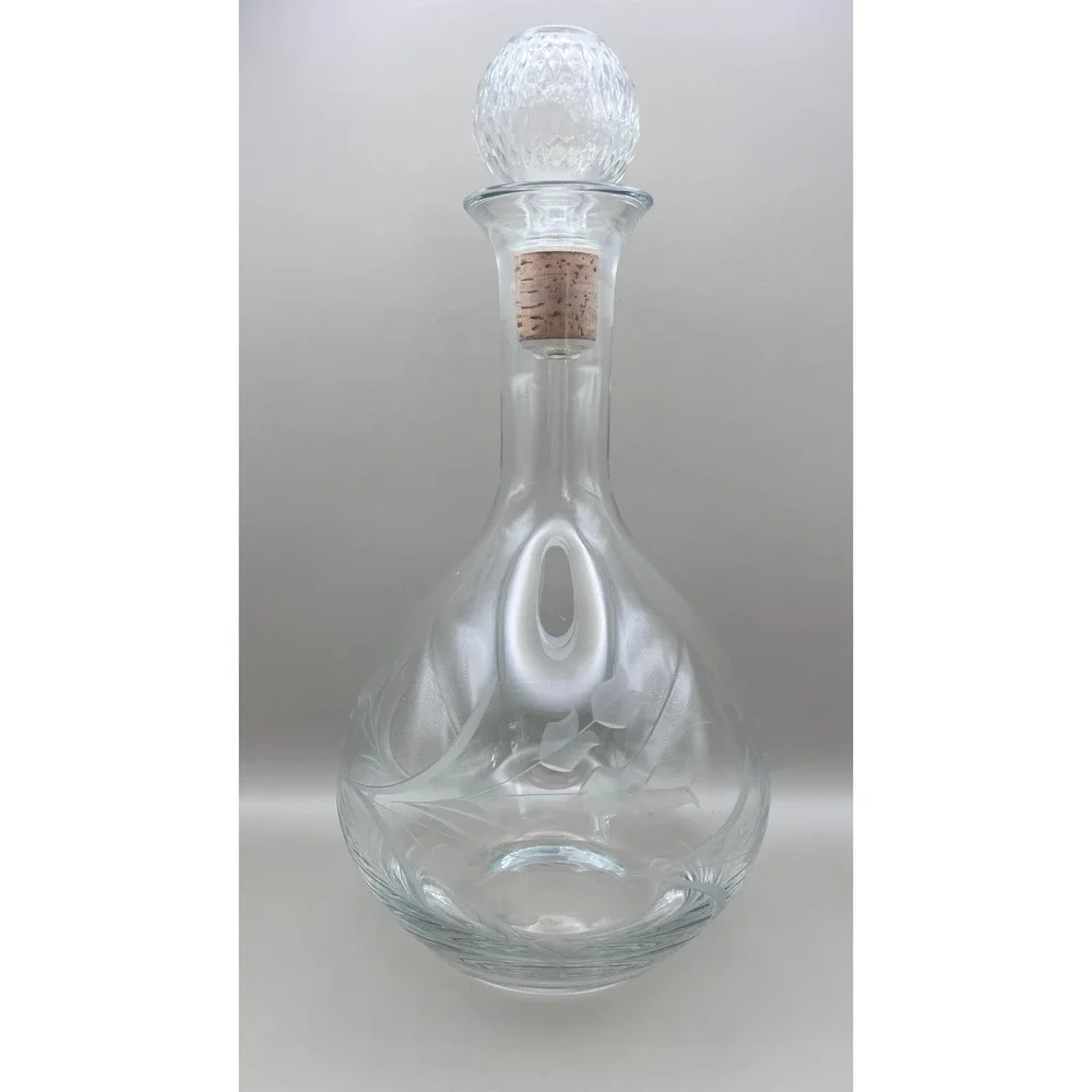 Vtg Toscany Romania Crystal Etched Floral Glass Wine Decanter Textured Ball Cork